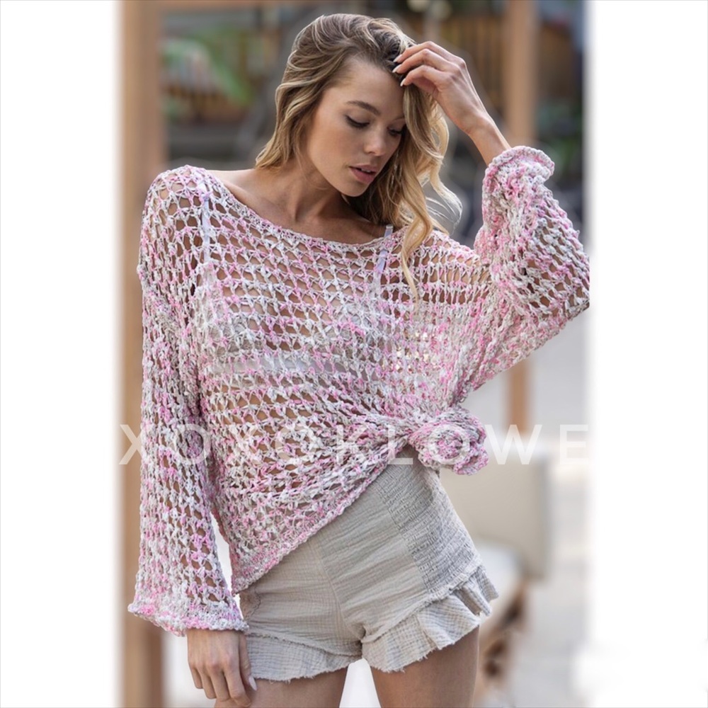 POL Pink & Beige Fishnet Open Knit Sweater